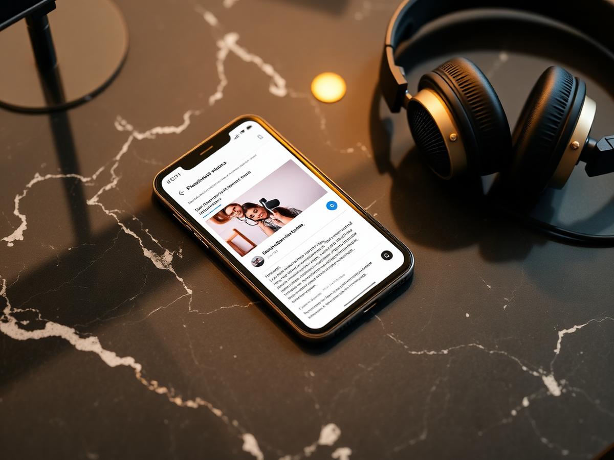 LinkedIn post shown on a phone next to podcast recording equipment