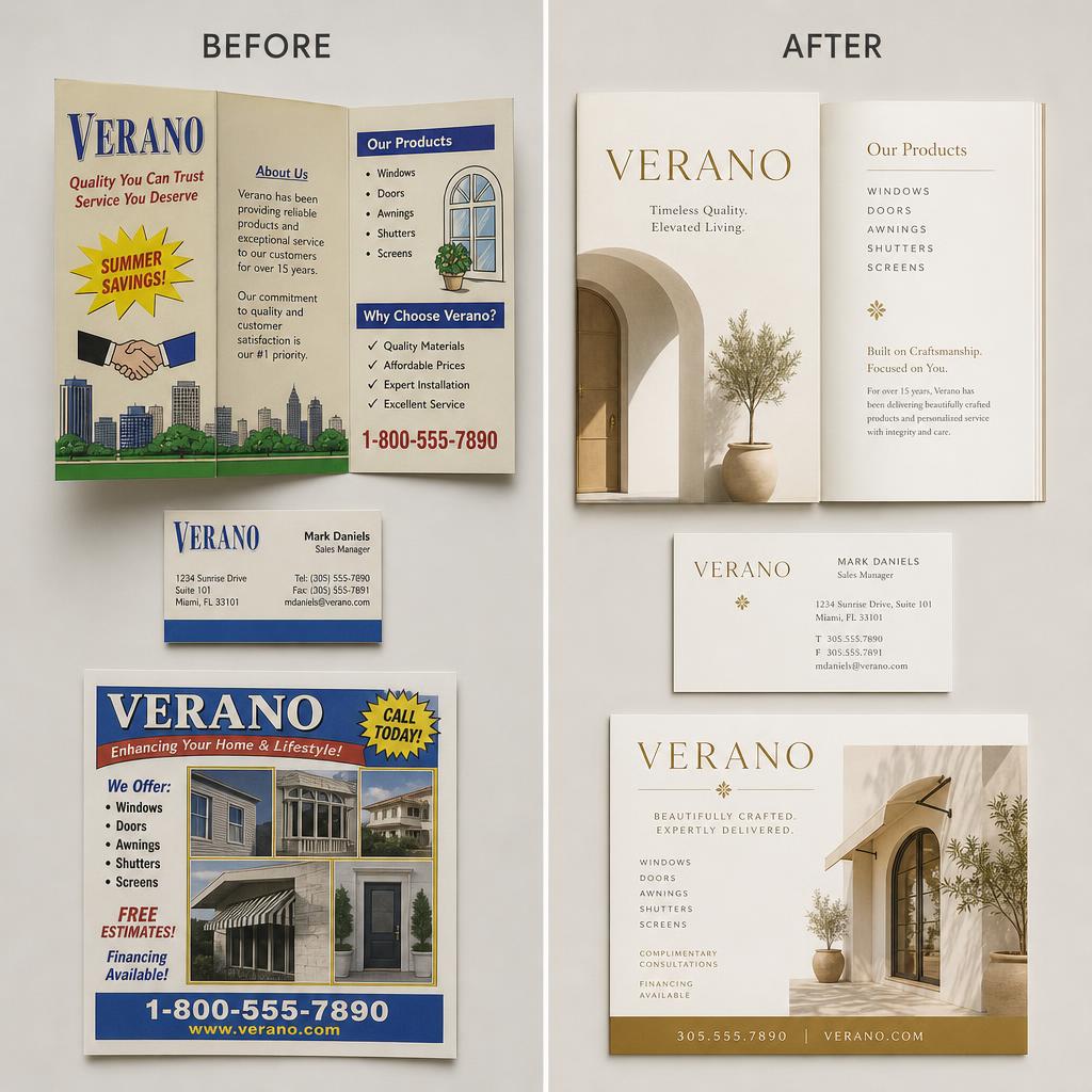 Before and after of Verano marketing materials — dated 90s brochure, card and flyer next to a modern editorial rebrand