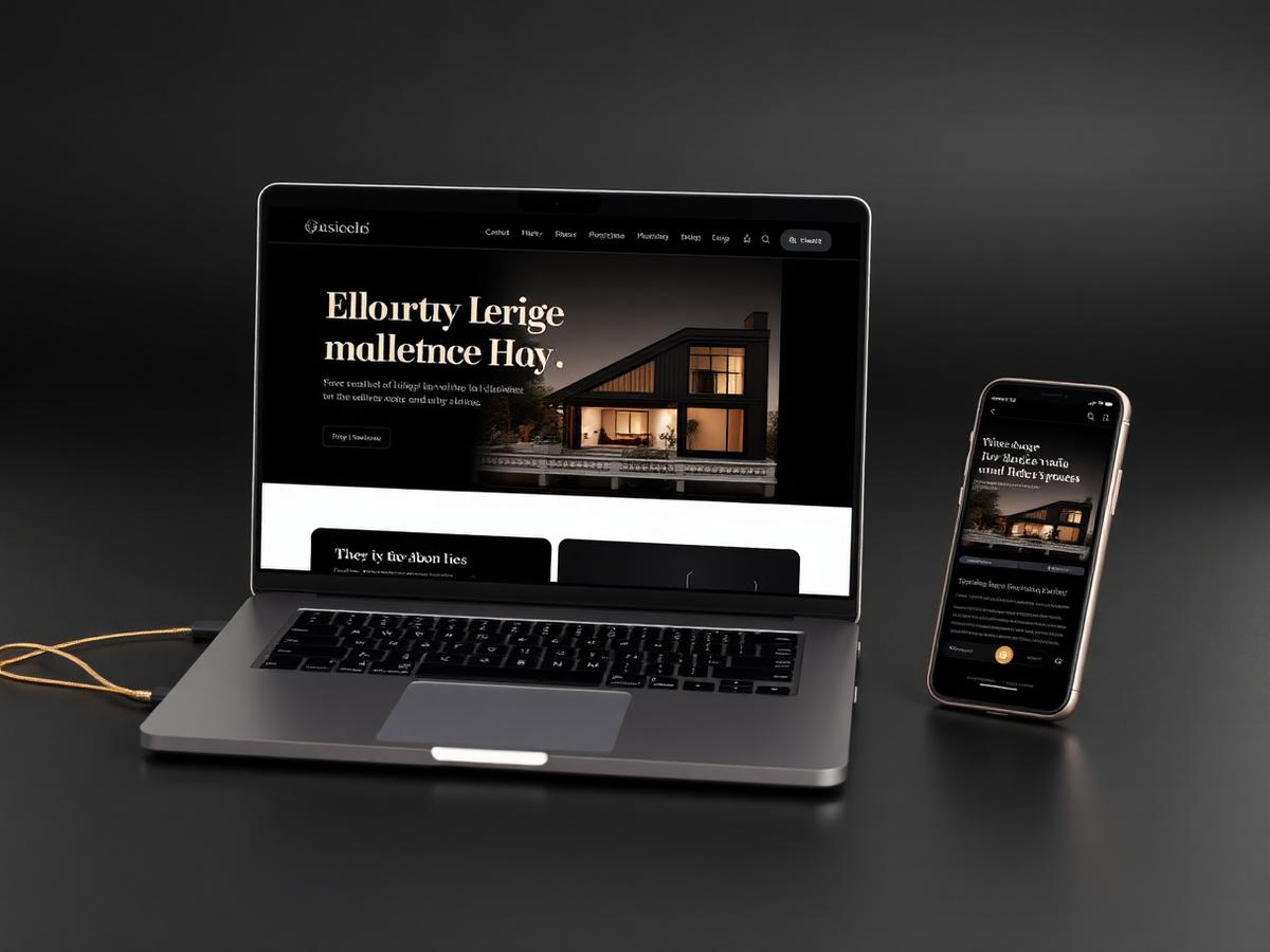 Dark, minimal real estate website design shown on laptop and phone